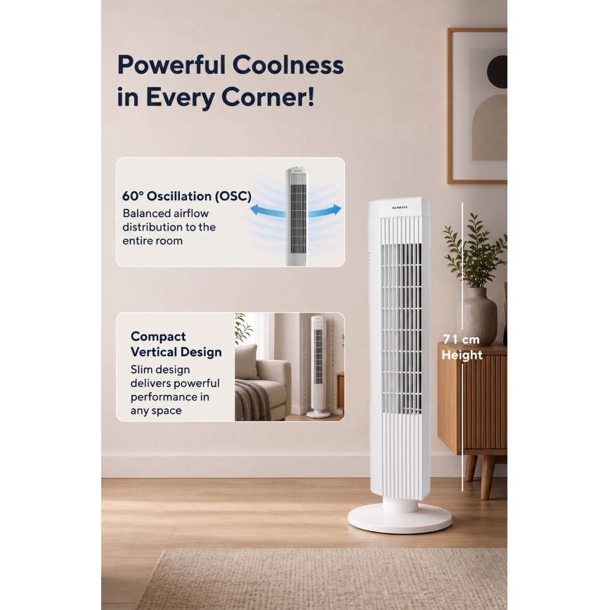 Stĺpový ventilátor 50W/230V 74,5 cm biela