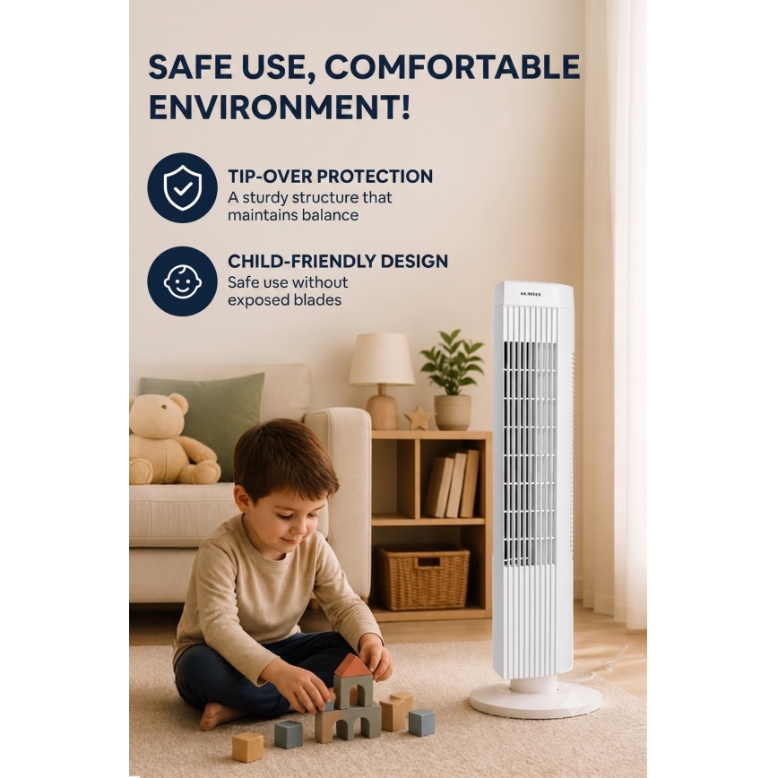 Stĺpový ventilátor 50W/230V 74,5 cm biela