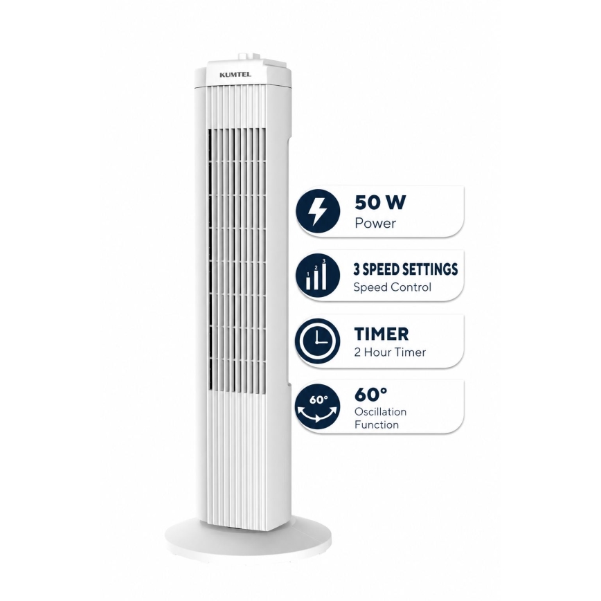 Stĺpový ventilátor 50W/230V 74,5 cm biela