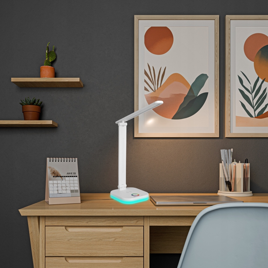 Stmievateľná stolná lampa LED RGBW s bezdrôtovým nabíjaním, 7W/5V USB, biela