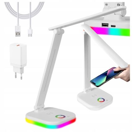 Stmievateľná stolná lampa LED RGBW s bezdrôtovým nabíjaním, 7W/5V USB, biela