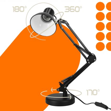 Stolná lampa 2 v 1 so svorkou, 1×E27/60W/230V, čierna