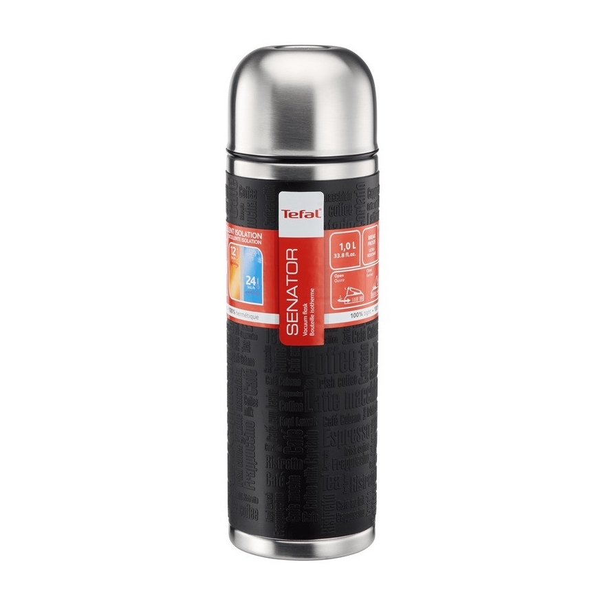 Tefal - Termoska s hrnčekom 1 l SENATOR nerez/čierna