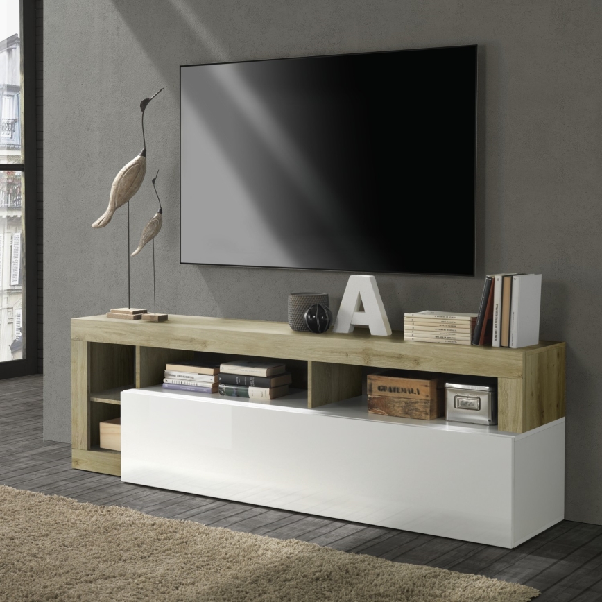 Televízny stolík LENOR biela/svetlý dub