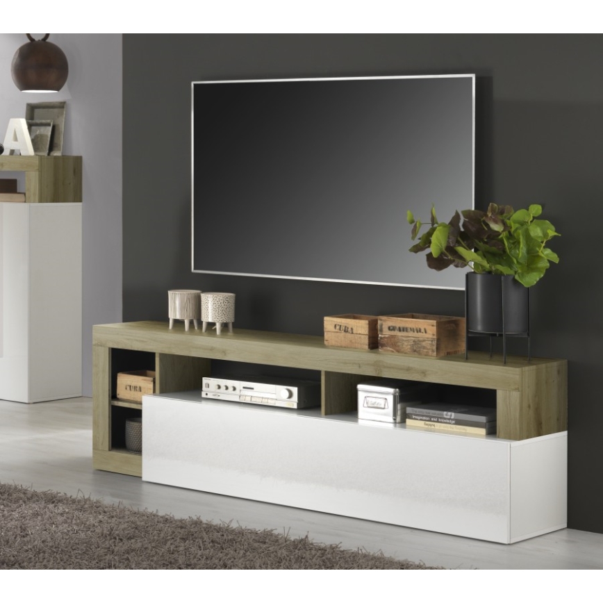 Televízny stolík LENOR biela/svetlý dub