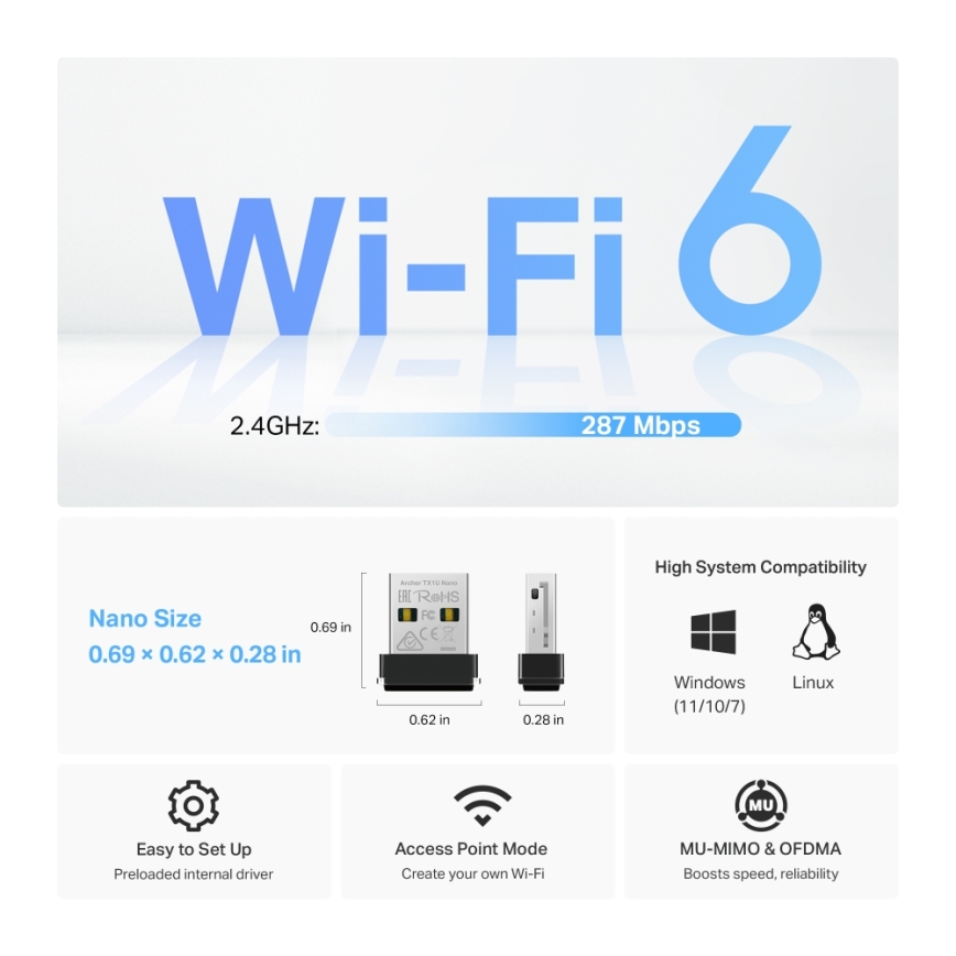TP-Link - Bezdrôtový Wi-Fi 6 USB nano adaptér Archer TX1U Nano