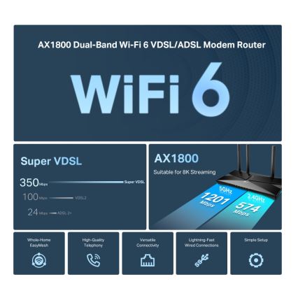 TP-Link - Dvojpásmový modemový router VDSL/ADSL s Wi-Fi 6 Archer VX1800V
