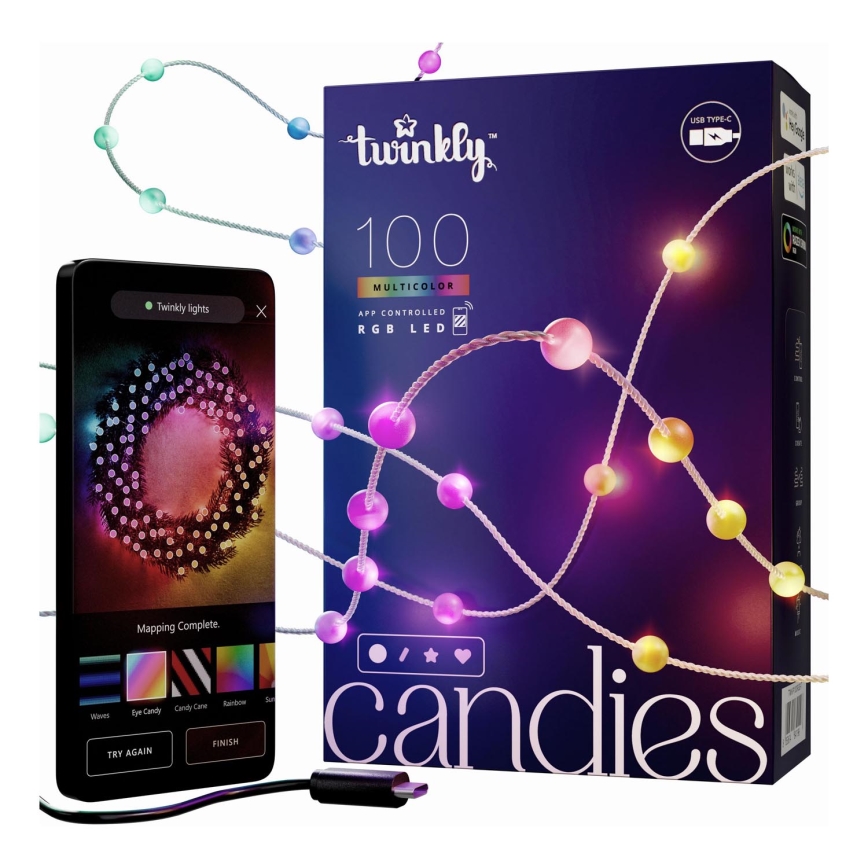 Twinkly - LED RGB Stmievateľná vianočná reťaz CANDIES 100xLED 8 m USB Wi-Fi