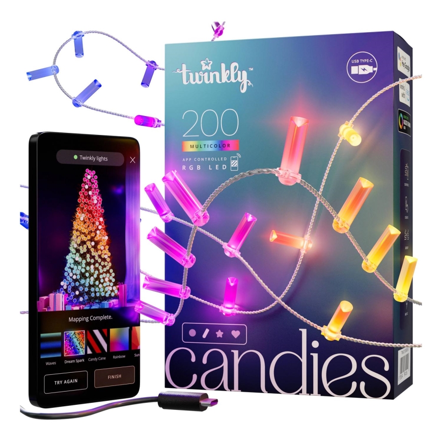 Twinkly - LED RGB Stmievateľná vianočná reťaz CANDIES 200xLED 14 m USB Wi-Fi