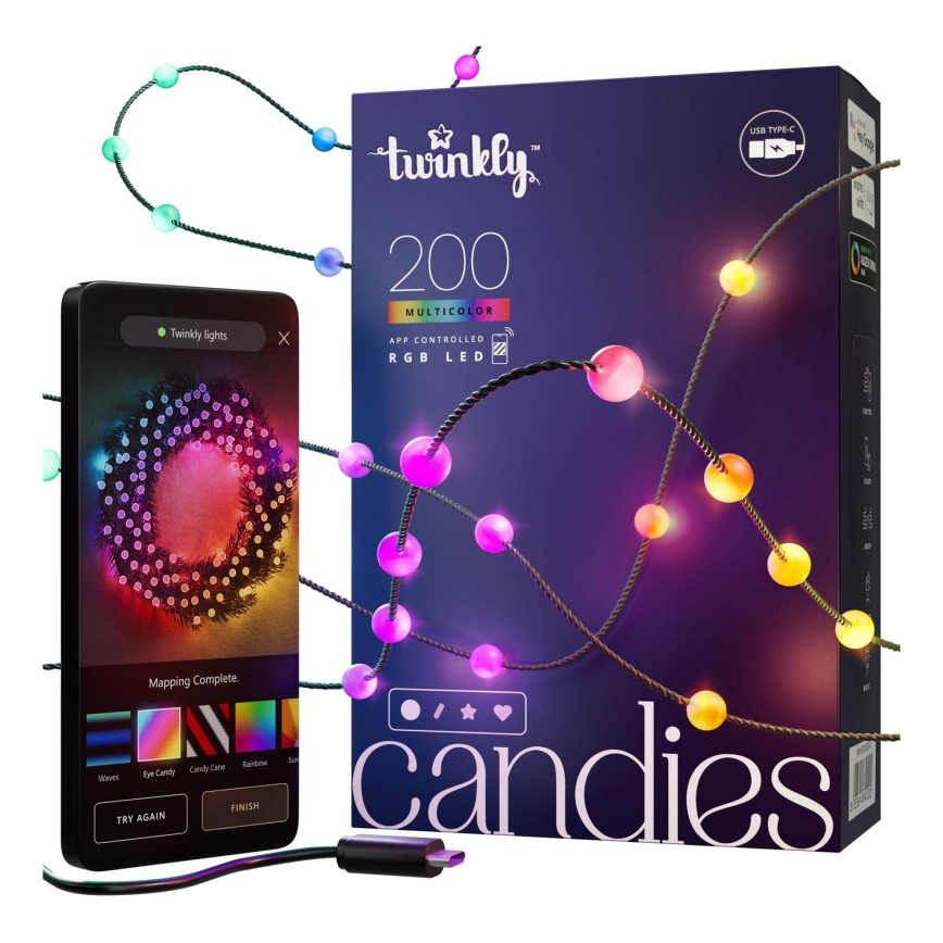 Twinkly - LED RGB Stmievateľná vianočná reťaz CANDIES 200xLED 14 m USB Wi-Fi