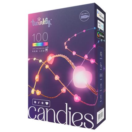Twinkly - stmievateľný LED RGB svetelný reťazec CANDIES 100xLED 8 m USB Wi-Fi