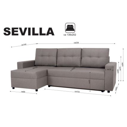 Univerzálna rohová sedacia súprava s funkciou spania a úložným priestorom SEVILLA sivá