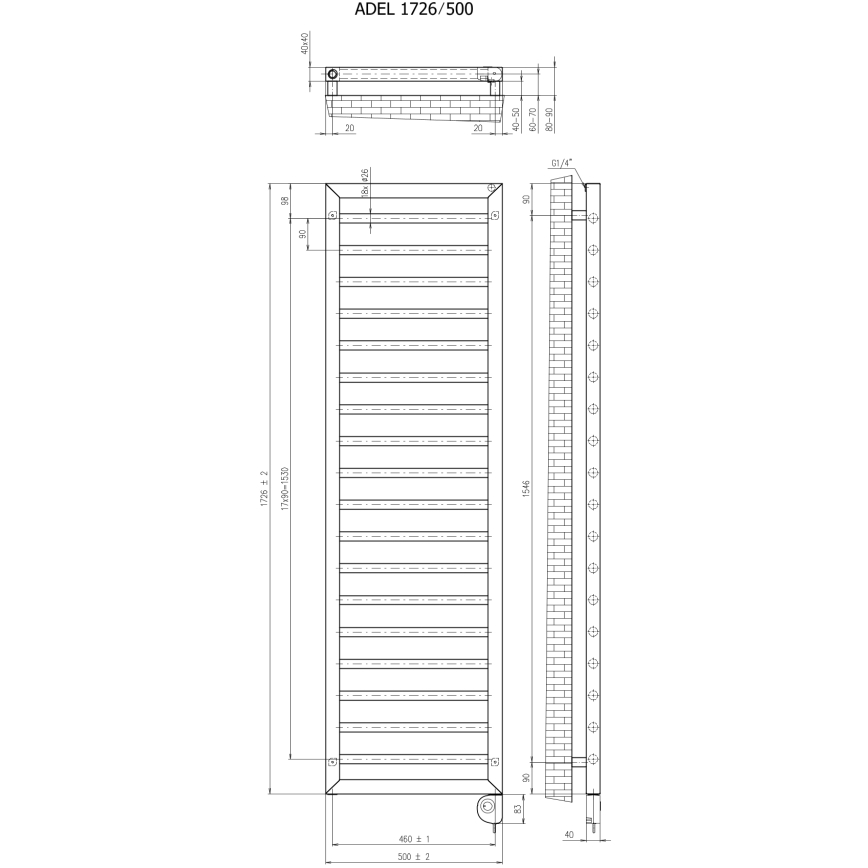 Vertaduro - Kúpeľňový radiátor ADEL s termostatom, 600 W, 172 × 50 cm, antracit