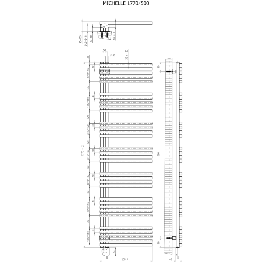 Vertaduro - Kúpeľňový radiátor s termostatom MICHELLE 900W 177x50 cm čierna