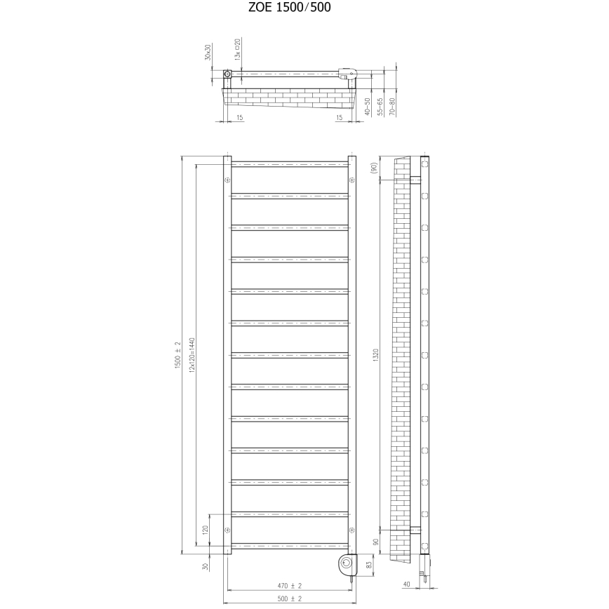 Vertaduro - Kúpeľňový radiátor s termostatom ZOE 400W 150x50 cm čierna