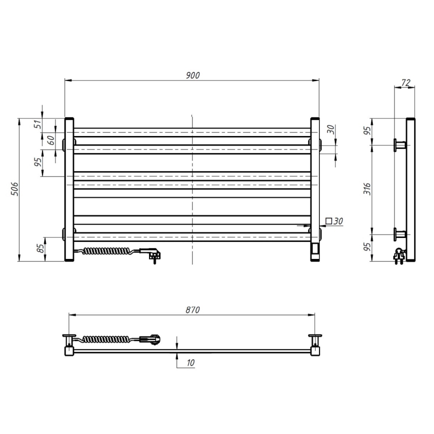 Vertaduro - Elektrický sušiak na uteráky s termostatom AVA 181W/230V 50x90 cm IP44 čierny ľavý