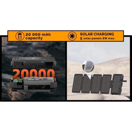 Viking - powerbanka s LED svietidlom, bezdrôtovým nabíjaním a solárnym panelom Power Delivery 22,5W/20000 mAh