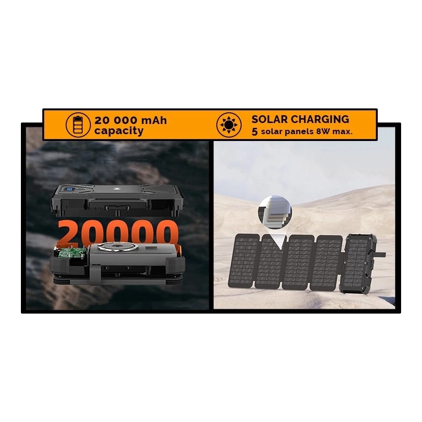 Viking - powerbanka s LED svietidlom, bezdrôtovým nabíjaním a solárnym panelom Power Delivery 22,5W/20000 mAh