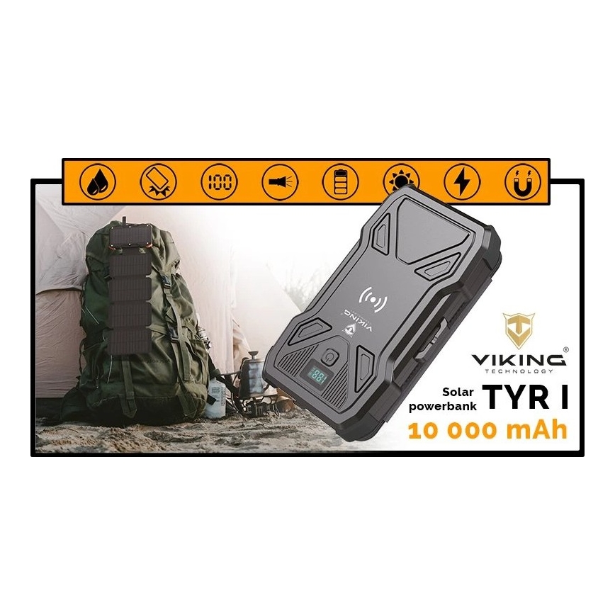 Viking - powerbanka s LED svietidlom, bezdrôtovým nabíjaním a solárnym panelom Power Delivery 22,5 W/10000 mAh
