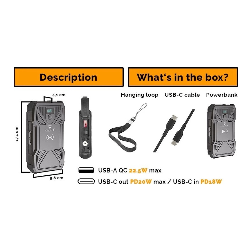 Viking - powerbanka s LED svietidlom, bezdrôtovým nabíjaním a solárnym panelom Power Delivery 22,5 W/10000 mAh