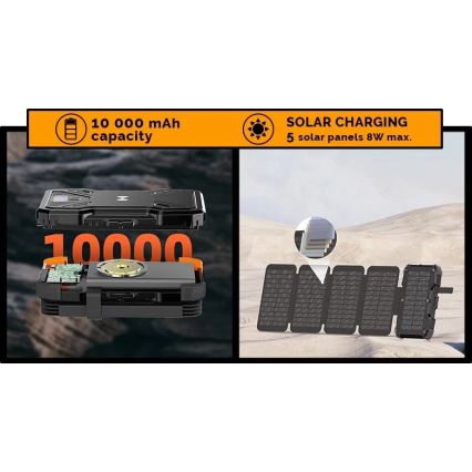 Viking - powerbanka s LED svietidlom, bezdrôtovým nabíjaním a solárnym panelom Power Delivery 22,5 W/10000 mAh