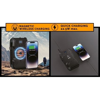 Viking - powerbanka s LED svietidlom, bezdrôtovým nabíjaním a solárnym panelom Power Delivery 22,5 W/10000 mAh