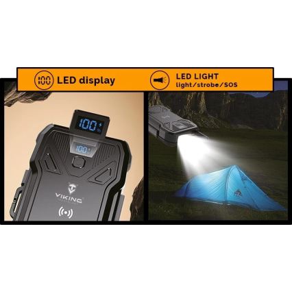 Viking - powerbanka s LED svietidlom, bezdrôtovým nabíjaním a solárnym panelom Power Delivery 22,5 W/10000 mAh