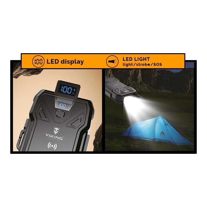 Viking - powerbanka s LED svietidlom, bezdrôtovým nabíjaním a solárnym panelom Power Delivery 22,5 W/10000 mAh