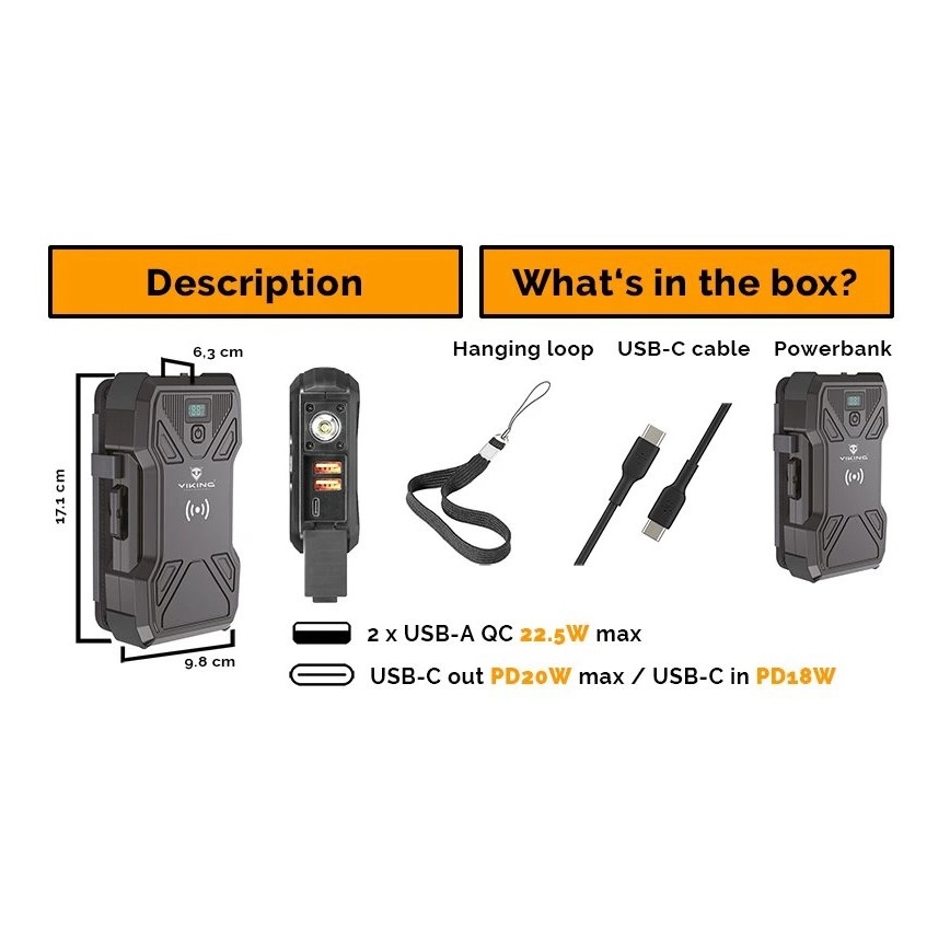 Viking - Powerbanka s LED svietidlom, bezdrôtovým nabíjaním a solárnym panelom Power Delivery 22,5W/30000 mAh