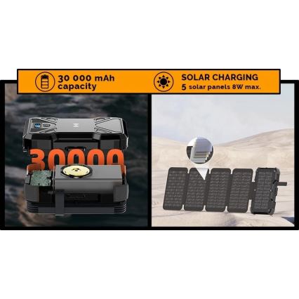 Viking - Powerbanka s LED svietidlom, bezdrôtovým nabíjaním a solárnym panelom Power Delivery 22,5W/30000 mAh