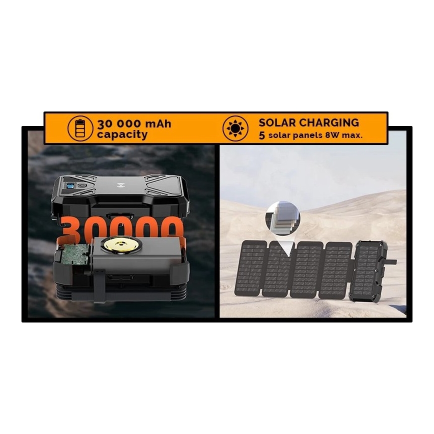 Viking - Powerbanka s LED svietidlom, bezdrôtovým nabíjaním a solárnym panelom Power Delivery 22,5W/30000 mAh