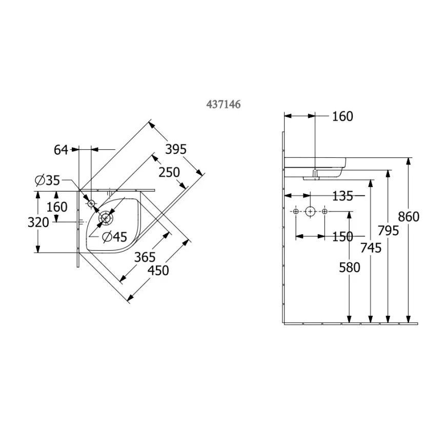 Villeroy & Boch 43714601 - Rohové závesné umývadlo SUBWAY 3.0 32x32 cm keramika/biela