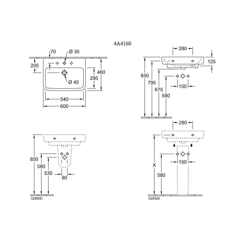 Villeroy & Boch 4A416001 - Závesné umývadlo O.NOVO 60x46 cm keramika/biela