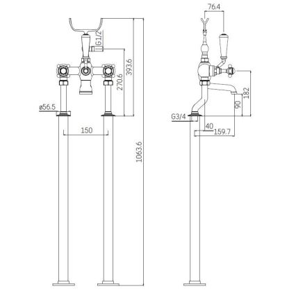 Voľne stojaca vaňová súprava s batériou 106,3 cm lesklý chróm