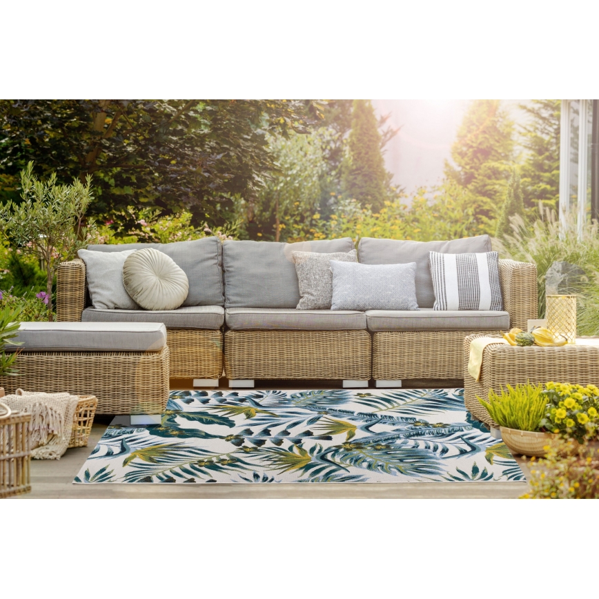 Vonkajší koberec CAPPUCCINO 80x165 cm tyrkysový/listový vzor