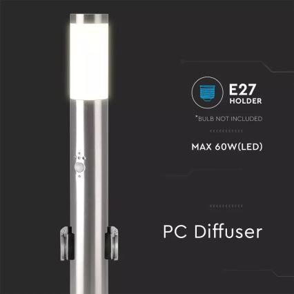 Vonkajšia lampa so senzorom + 2 zásuvkami SCHUKO 1xE27/60W/230V IP44 60cm matný chróm