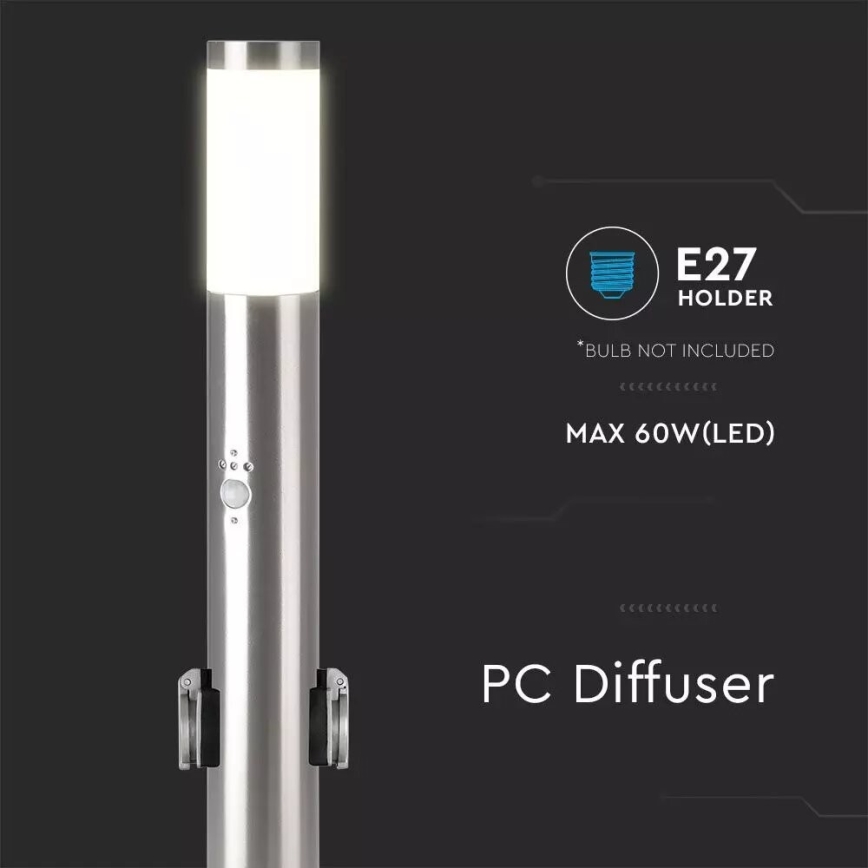 Vonkajšia lampa so senzorom + 2 zásuvkami SCHUKO 1xE27/60W/230V IP44 60cm matný chróm