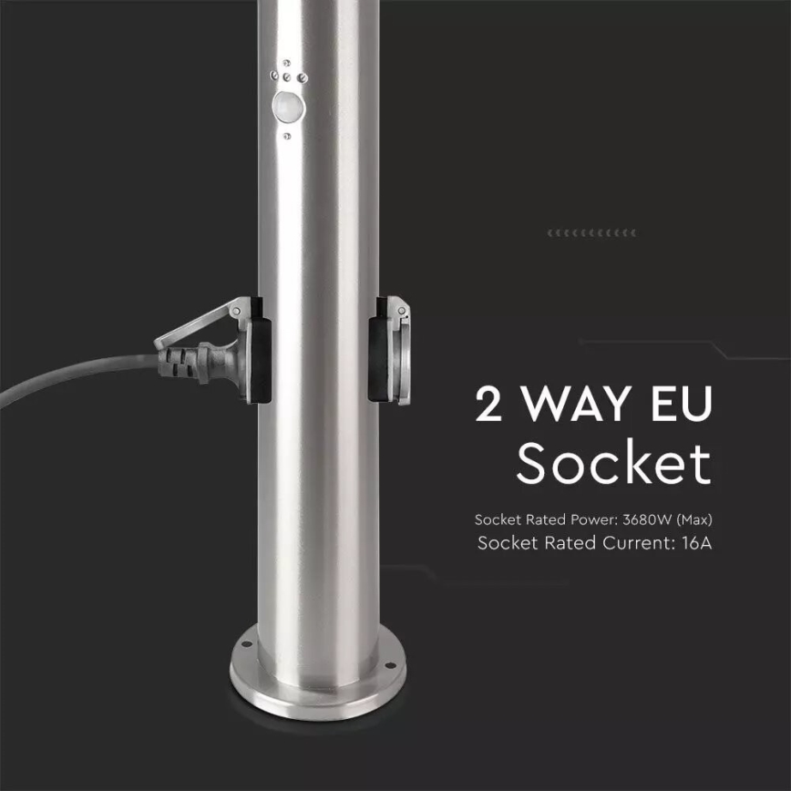 Vonkajšia lampa so senzorom + 2 zásuvkami SCHUKO 1xE27/60W/230V IP44 60cm matný chróm