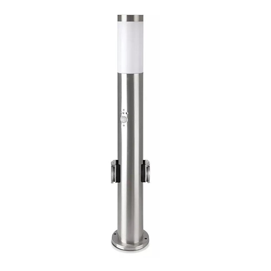 Vonkajšia lampa so senzorom + 2 zásuvkami SCHUKO 1xE27/60W/230V IP44 60cm matný chróm
