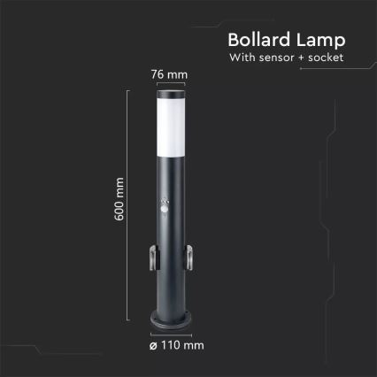 Vonkajšia lampa so senzorom a 2 zásuvkami 1xE27/60W/230V IP44 60cm antracit