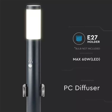 Vonkajšia lampa so senzorom a 2 zásuvkami SCHUKO 1xE27/60W/230V IP44 60cm čierna