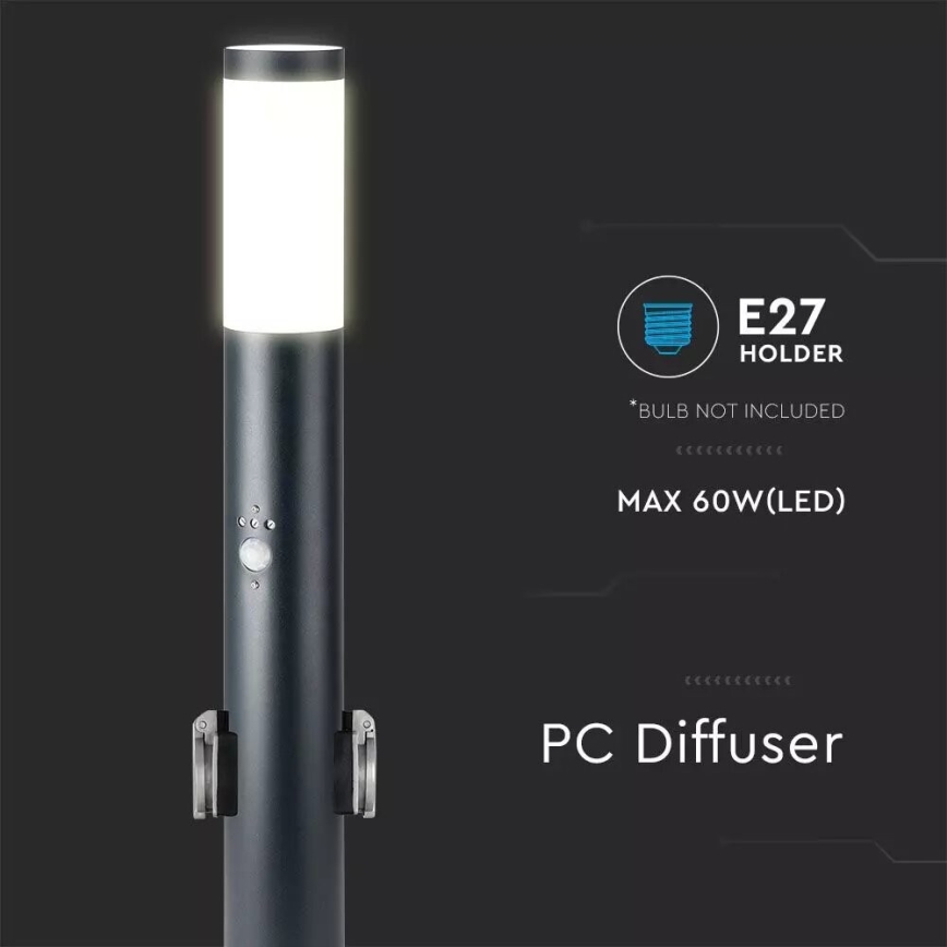 Vonkajšia lampa so senzorom a 2 zásuvkami SCHUKO 1xE27/60W/230V IP44 60cm čierna