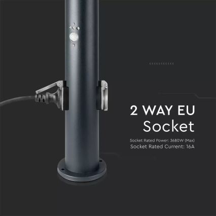 Vonkajšia lampa so senzorom a 2 zásuvkami SCHUKO 1xE27/60W/230V IP44 60cm čierna