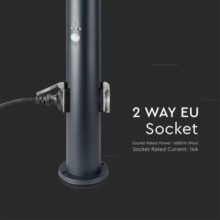 Vonkajšia lampa so senzorom a 2 zásuvkami SCHUKO 1xE27/60W/230V IP44 60cm čierna