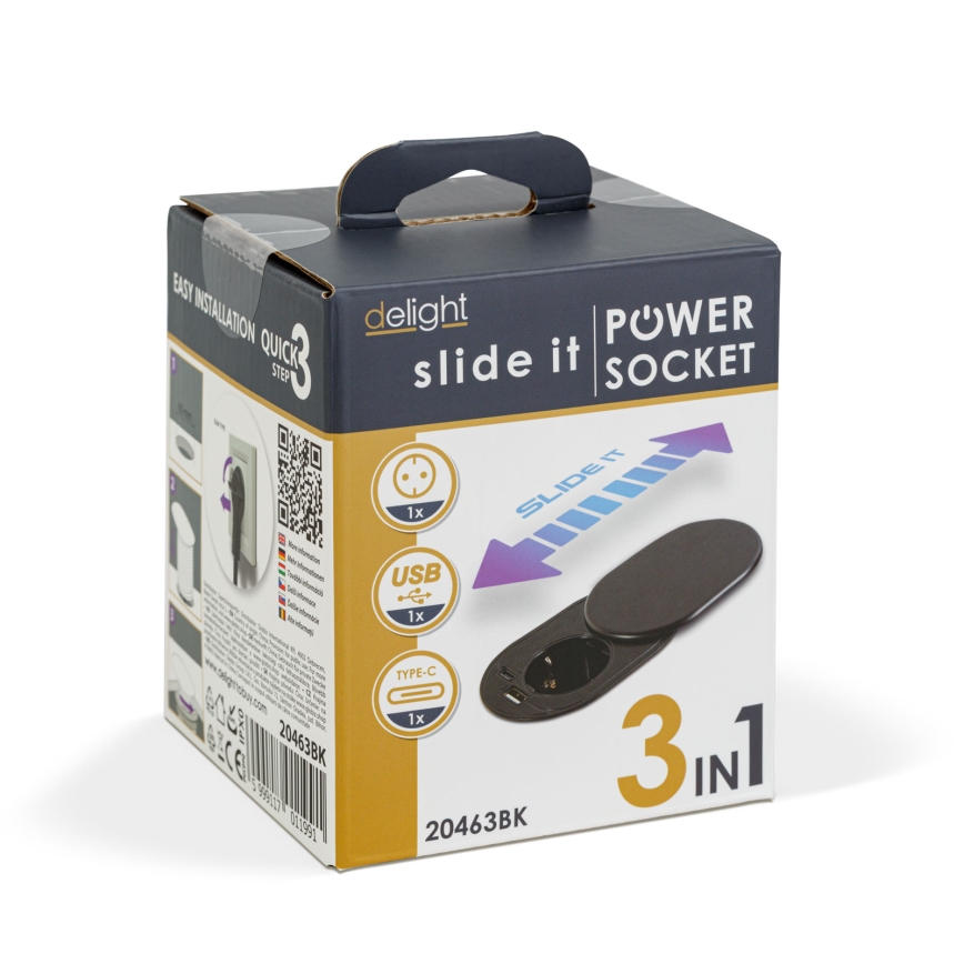 Vstavaná zásuvka s posuvným viečkom 1 zásuvka + USB-C + USB-A čierna