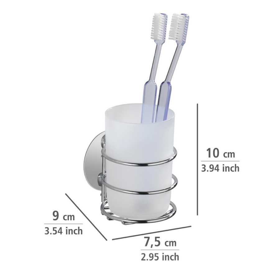 WENKO 18779100-Pohárik na zubné kefky TURBO-LOC RUND STAHL 7,5x9 cm lesklý chróm/biela