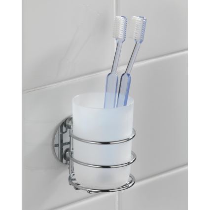 WENKO 18779100-Pohárik na zubné kefky TURBO-LOC RUND STAHL 7,5x9 cm lesklý chróm/biela
