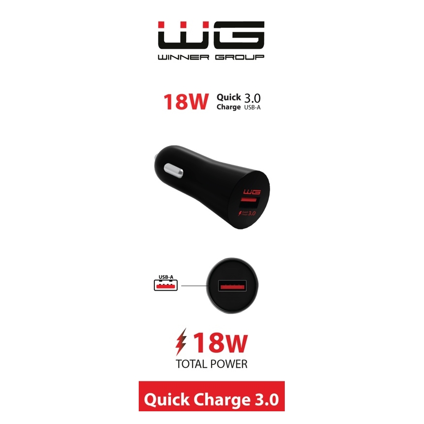 Winner Group - Autonabíjačka 1× USB‑A s USB Power Delivery 18 W, čierna