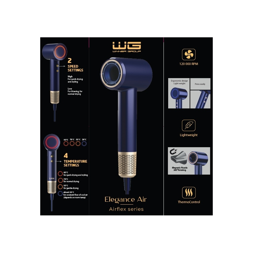 Winner Group - Fén s ionizátorom Elegance Air 1600W/230V modrá SCHUKO