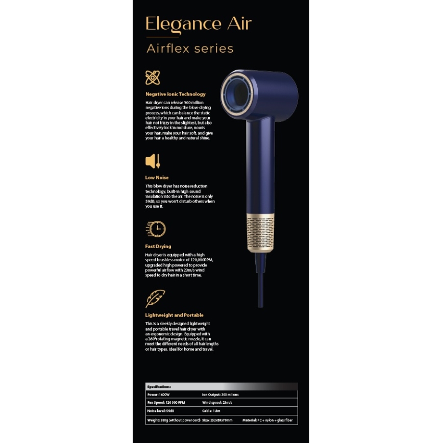 Winner Group - Fén s ionizátorom Elegance Air 1600W/230V modrá SCHUKO